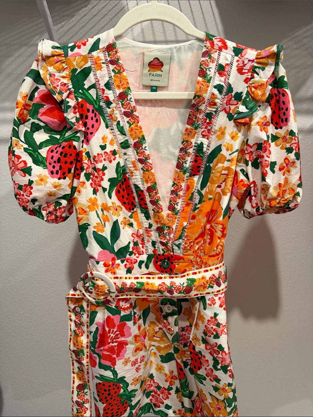 Farm Rio Floral & Strawberry Print V-Neck Dress in Multi Women’s XS - Picture 4 of 6